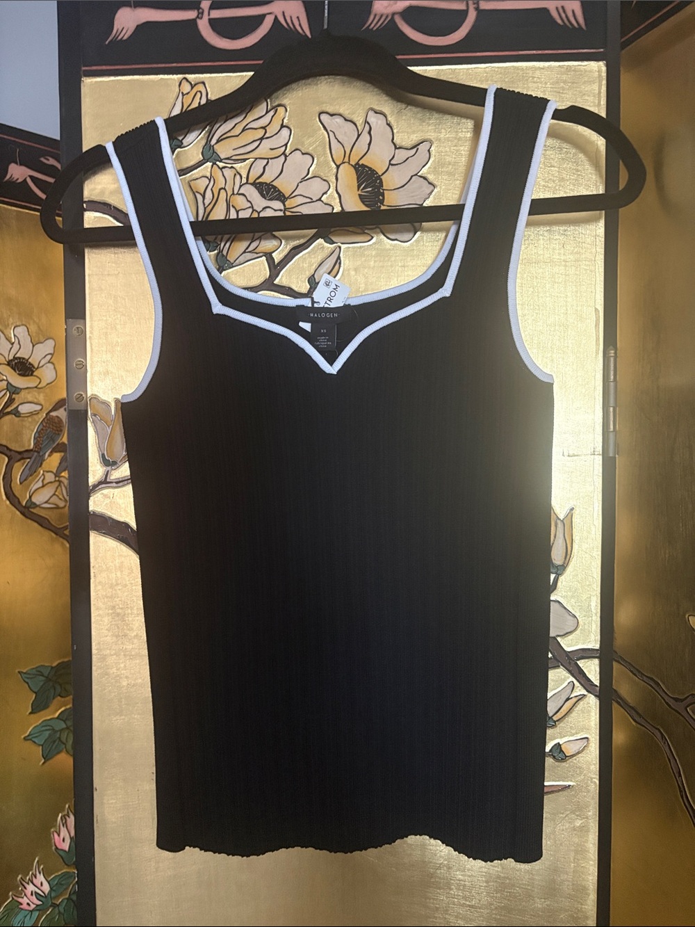 Halogen Black Ribbed Tank with White Piping